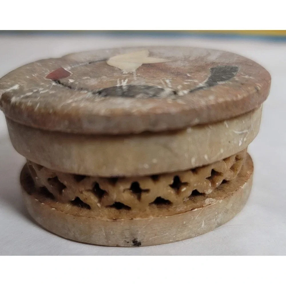 Beige Stone Trinket Box Oval Mini Carved Floral Inlay Decor Gift Rustic
